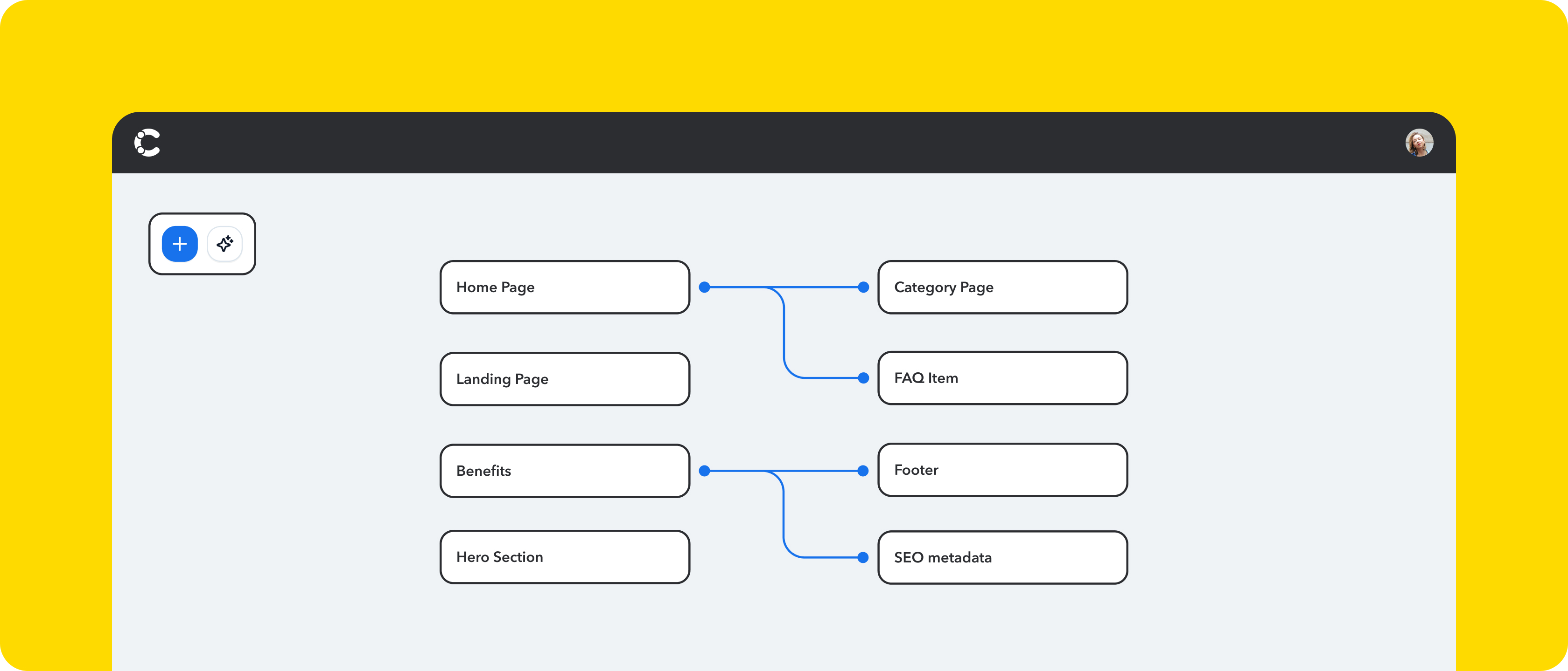 Stylized user-interface showing Contentful Visual Modeler features.