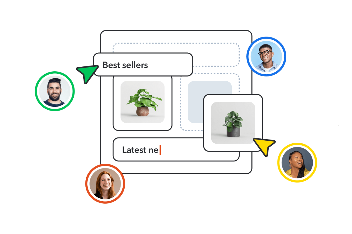 Branded UI with multiple avatars dragging elements together to demonstrate collaborative design