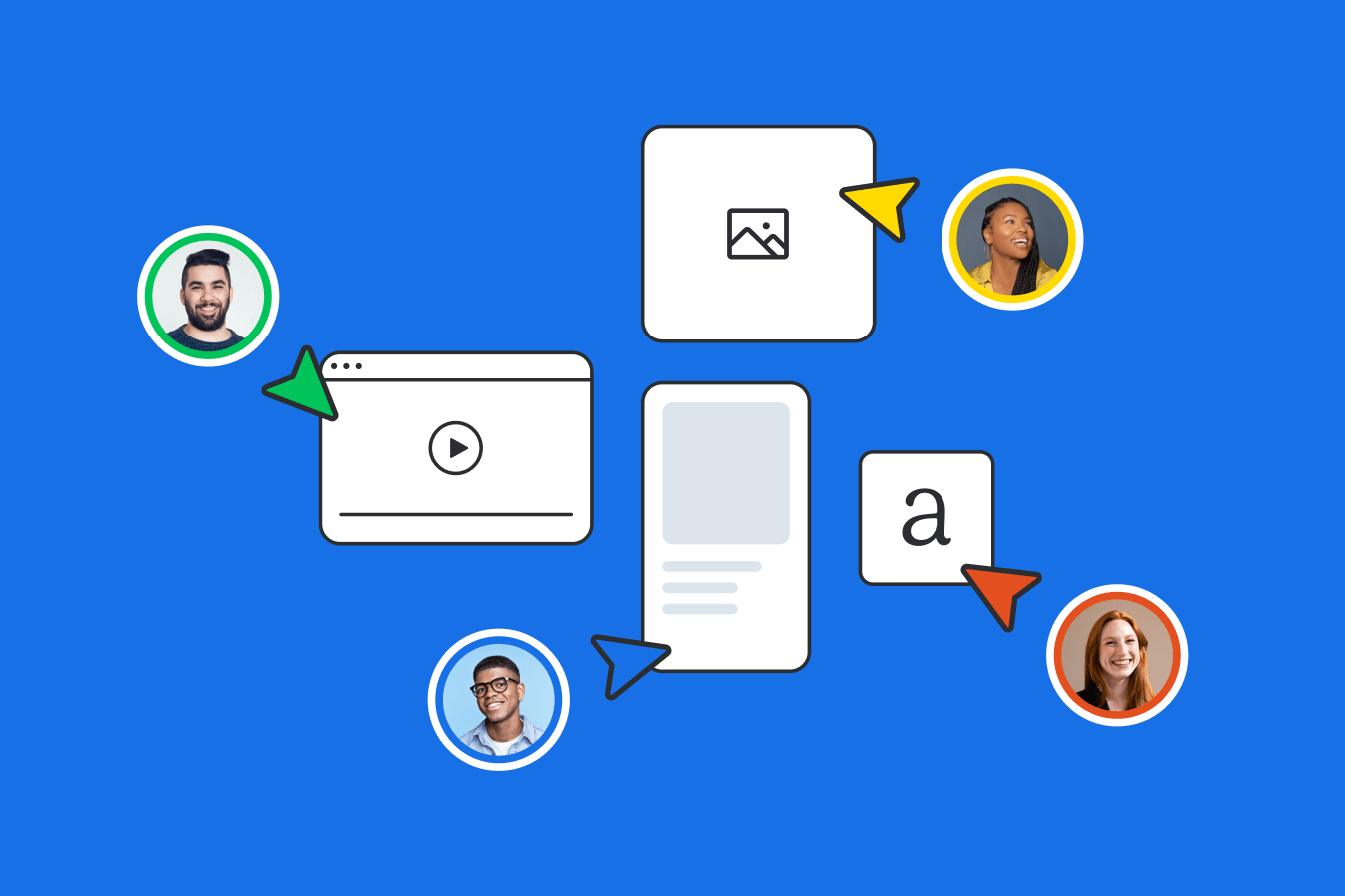 Composite illustration showing team members interacting with composable content.